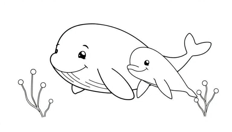 Un panneau de coloriage noir et blanc d'une baleine joyeuse et d'un dauphin joueur nageant dans l'océan avec des algues pétillantes.