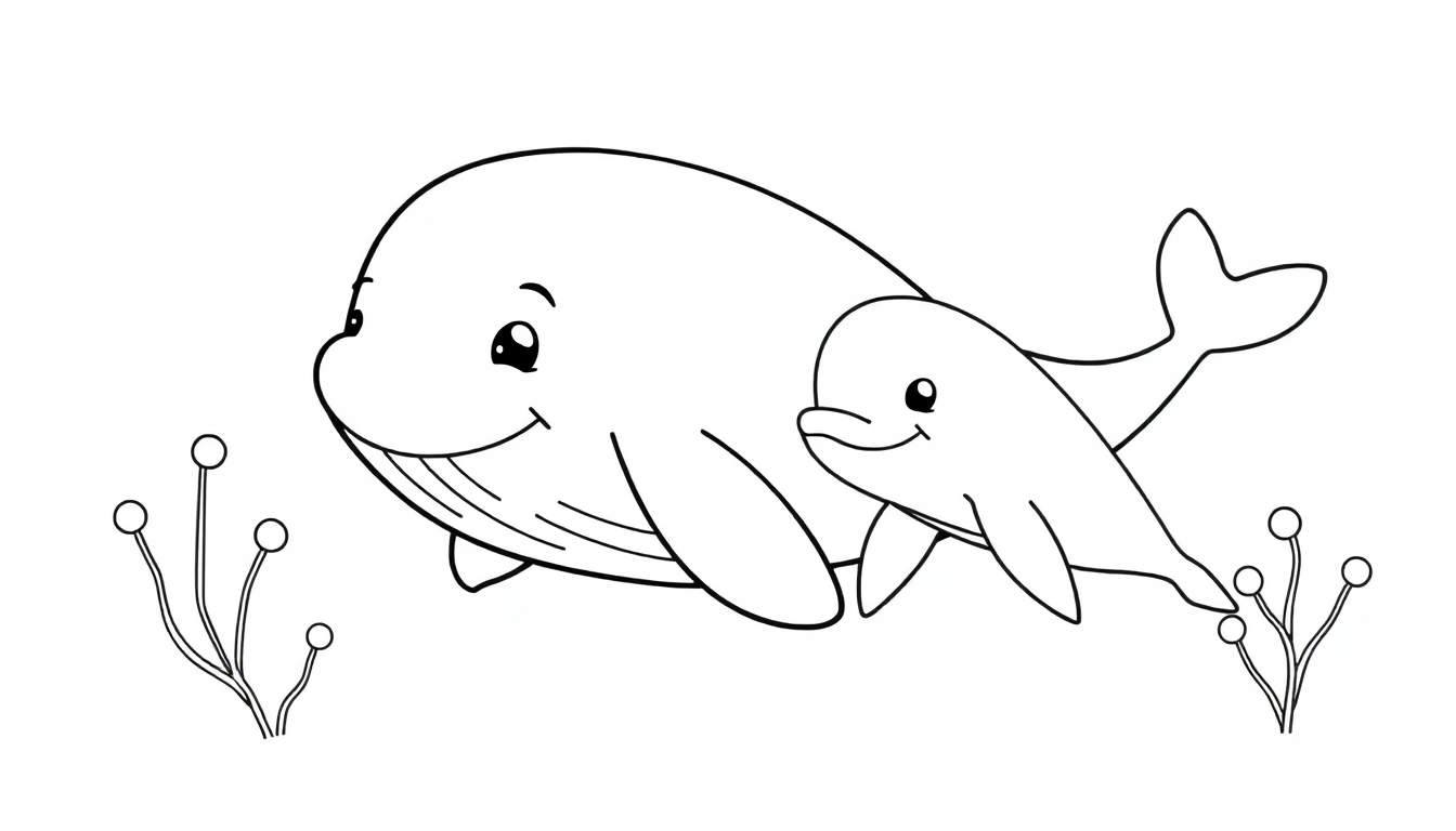 Un panneau de coloriage noir et blanc d'une baleine joyeuse et d'un dauphin joueur nageant dans l'océan avec des algues pétillantes.