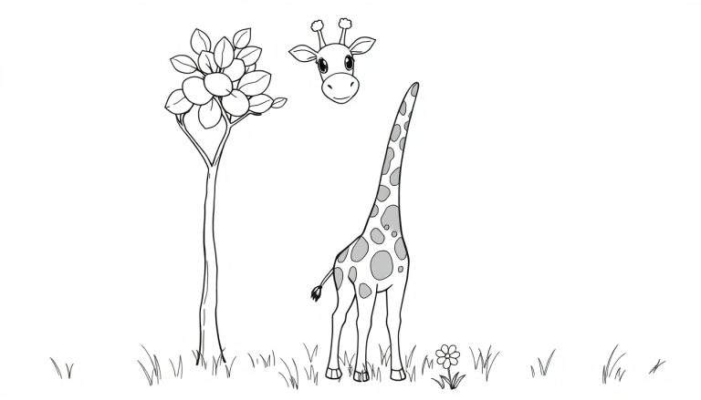 Dessin au trait en noir et blanc d'une girafe avec un long cou et des taches, un arbre mince et une fleur, idéal pour un panneau de coloriage.