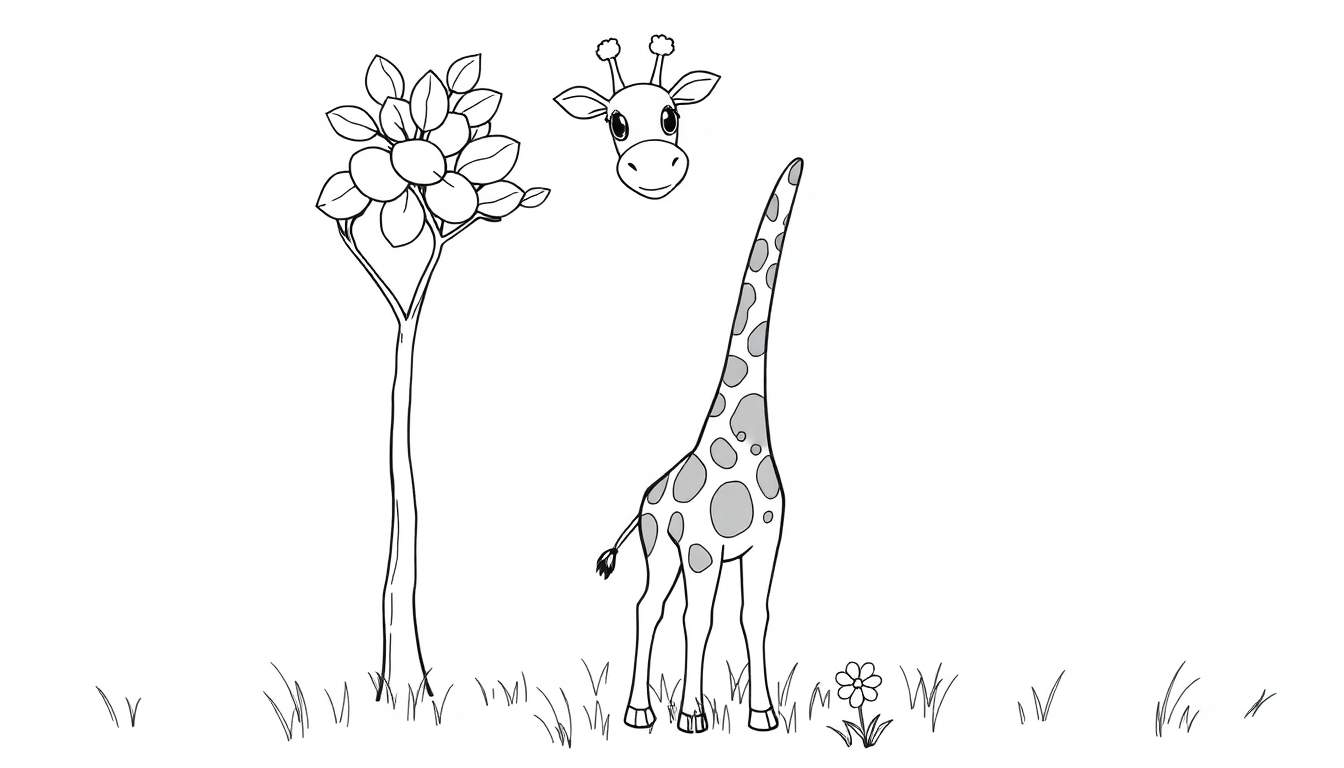 Dessin au trait en noir et blanc d'une girafe avec un long cou et des taches, un arbre mince et une fleur, idéal pour un panneau de coloriage.