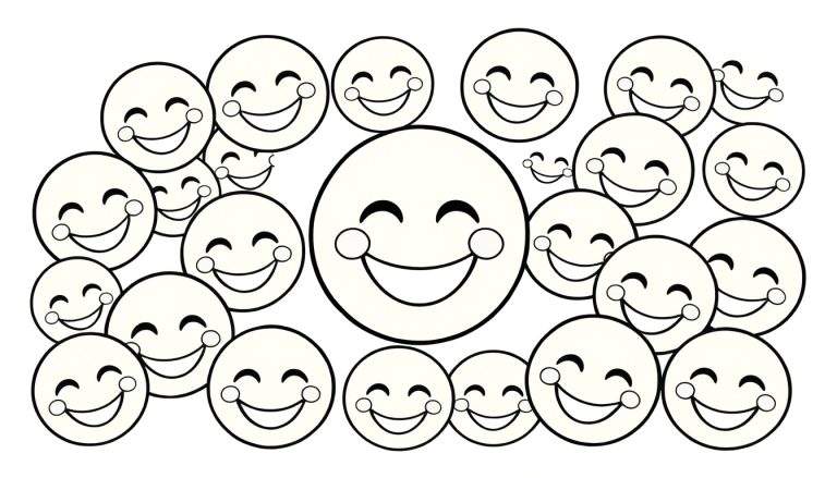 Une page de coloriage en noir et blanc avec un joyeux groupe d'emojis et de visages souriants, un panneau de coloriage prêt pour les enfants.