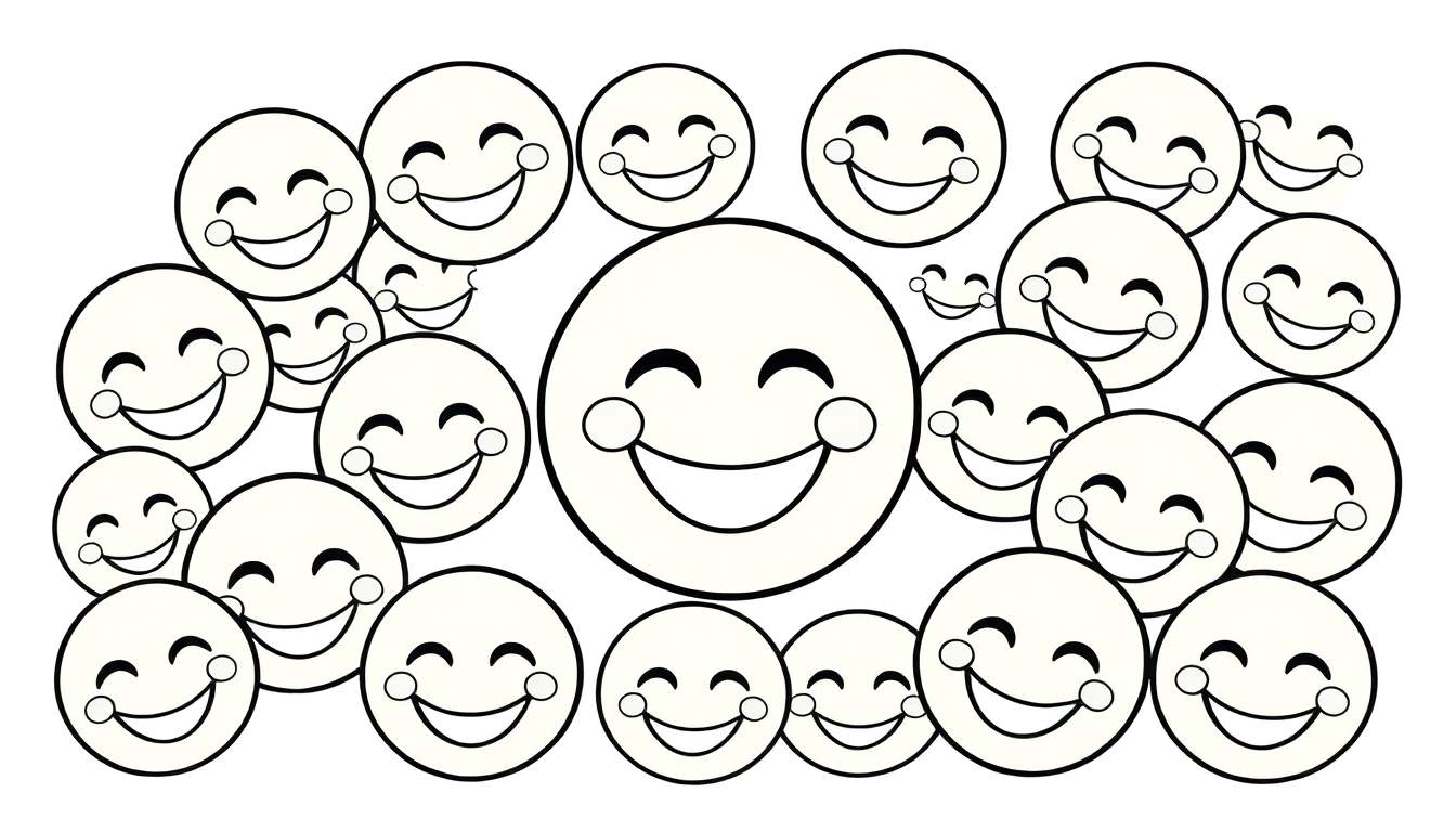 Une page de coloriage en noir et blanc avec un joyeux groupe d'emojis et de visages souriants, un panneau de coloriage prêt pour les enfants.