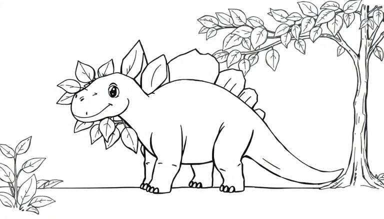 Panneau de coloriage d'un gentil brachiosaure avec des feuilles vertes.