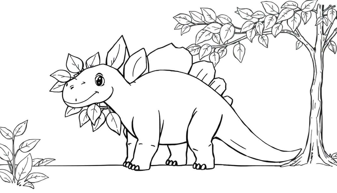 Panneau de coloriage d'un gentil brachiosaure avec des feuilles vertes.