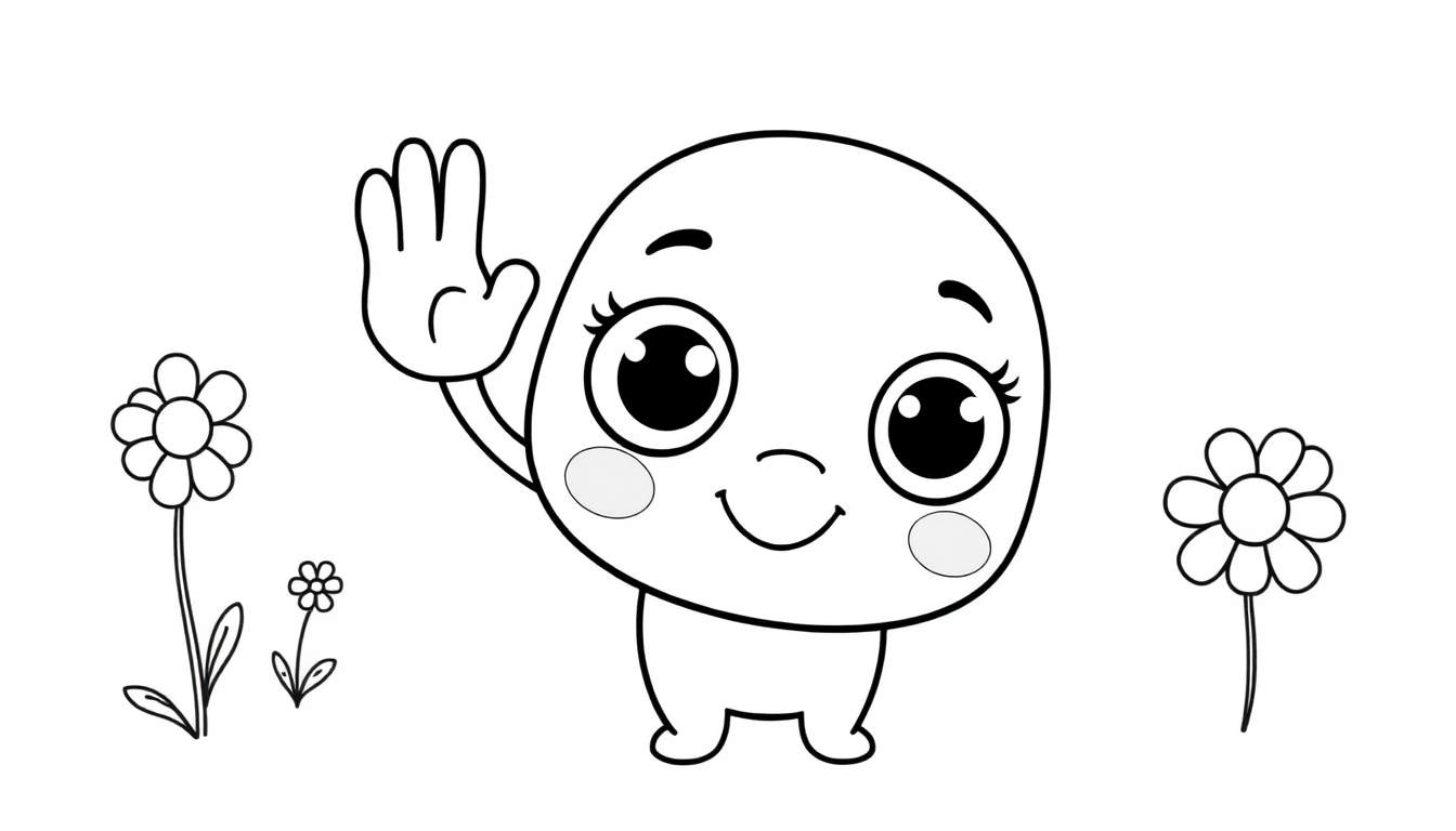 Un adorable personnage Toca Boca avec de grands yeux dit bonjour, dans un style de coloriage simple en noir et blanc, sur un panneau de coloriage.