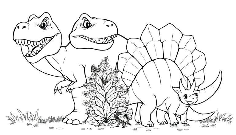 Dessin au trait en noir et blanc d'un Tricératops amical et deux Tyrannosaures Rex pour un panneau de coloriage.