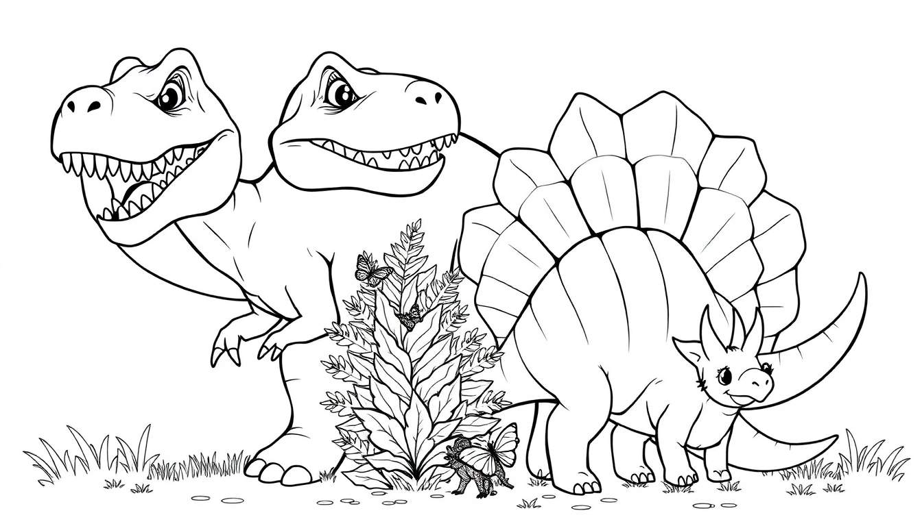 Dessin au trait en noir et blanc d'un Tricératops amical et deux Tyrannosaures Rex pour un panneau de coloriage.