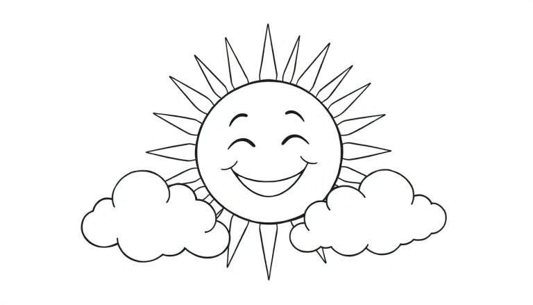 Un soleil souriant avec des nuages, parfait pour un panneau de coloriage.