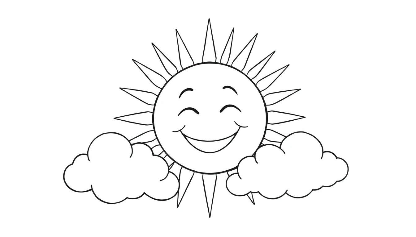 Un soleil souriant avec des nuages, parfait pour un panneau de coloriage.