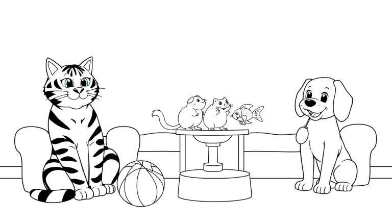 Illustration en noir et blanc d'un chat, d'un chien et de deux petites créatures ressemblant à des souris, dans un style livre de coloriage.
