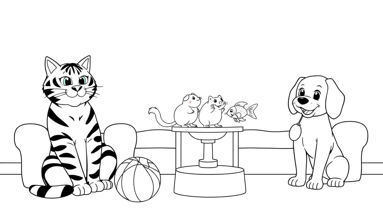 Illustration en noir et blanc d'un chat, d'un chien et de deux petites créatures ressemblant à des souris, dans un style livre de coloriage.