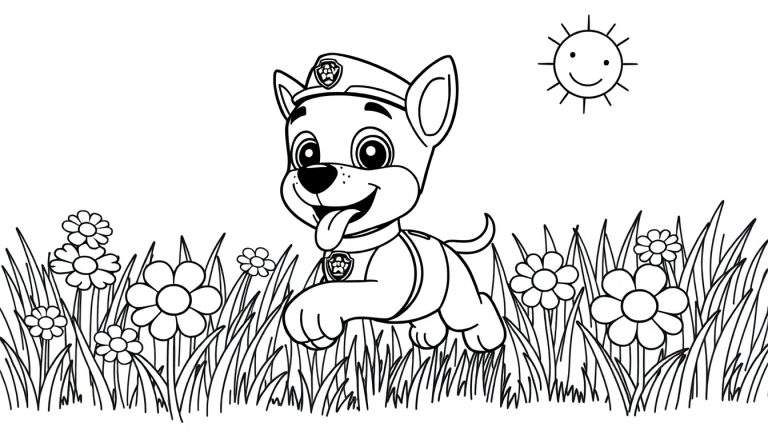 Dessin au trait noir et blanc d'un chiot de dessin animé, ressemblant à Chase de Paw Patrol, courant dans un champ d'herbe et de fleurs sous un soleil souriant. Le chiot porte un chapeau de policier et a la langue tirée. Ce panneau de coloriage est parfait pour les enfants.