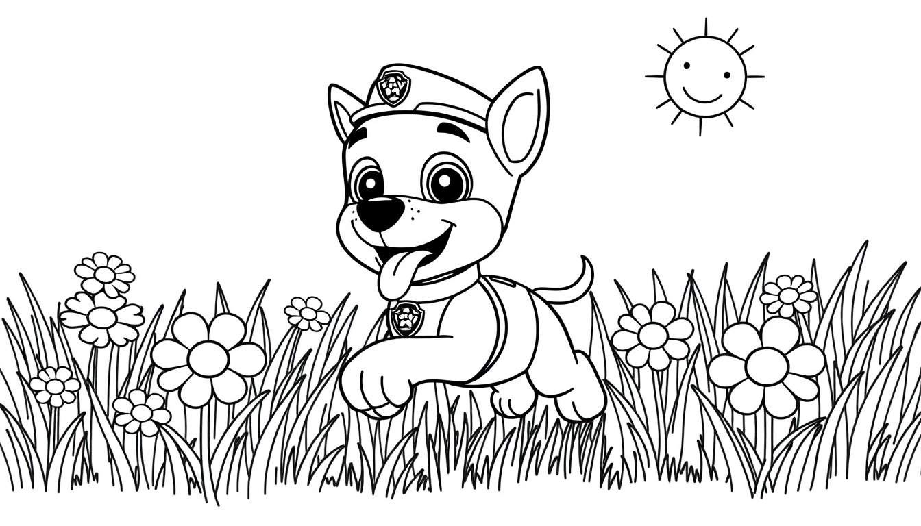 Dessin au trait noir et blanc d'un chiot de dessin animé, ressemblant à Chase de Paw Patrol, courant dans un champ d'herbe et de fleurs sous un soleil souriant. Le chiot porte un chapeau de policier et a la langue tirée. Ce panneau de coloriage est parfait pour les enfants.