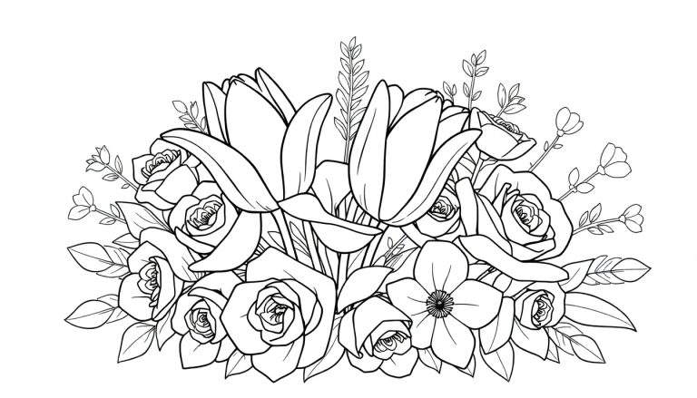Un panneau de coloriage avec un bouquet de tulipes, de roses et de petites fleurs dessiné à la main.