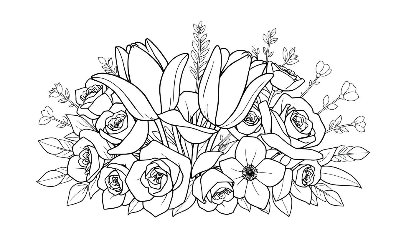 Un panneau de coloriage avec un bouquet de tulipes, de roses et de petites fleurs dessiné à la main.