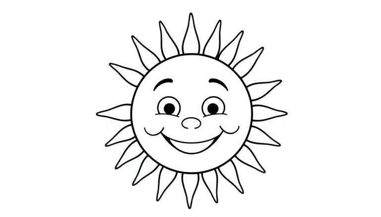 Un dessin au trait d'un soleil souriant avec des rayons pour un panneau de coloriage.