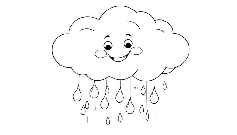 Nuage souriant dessinant des gouttes de pluie sur un panneau de coloriage.