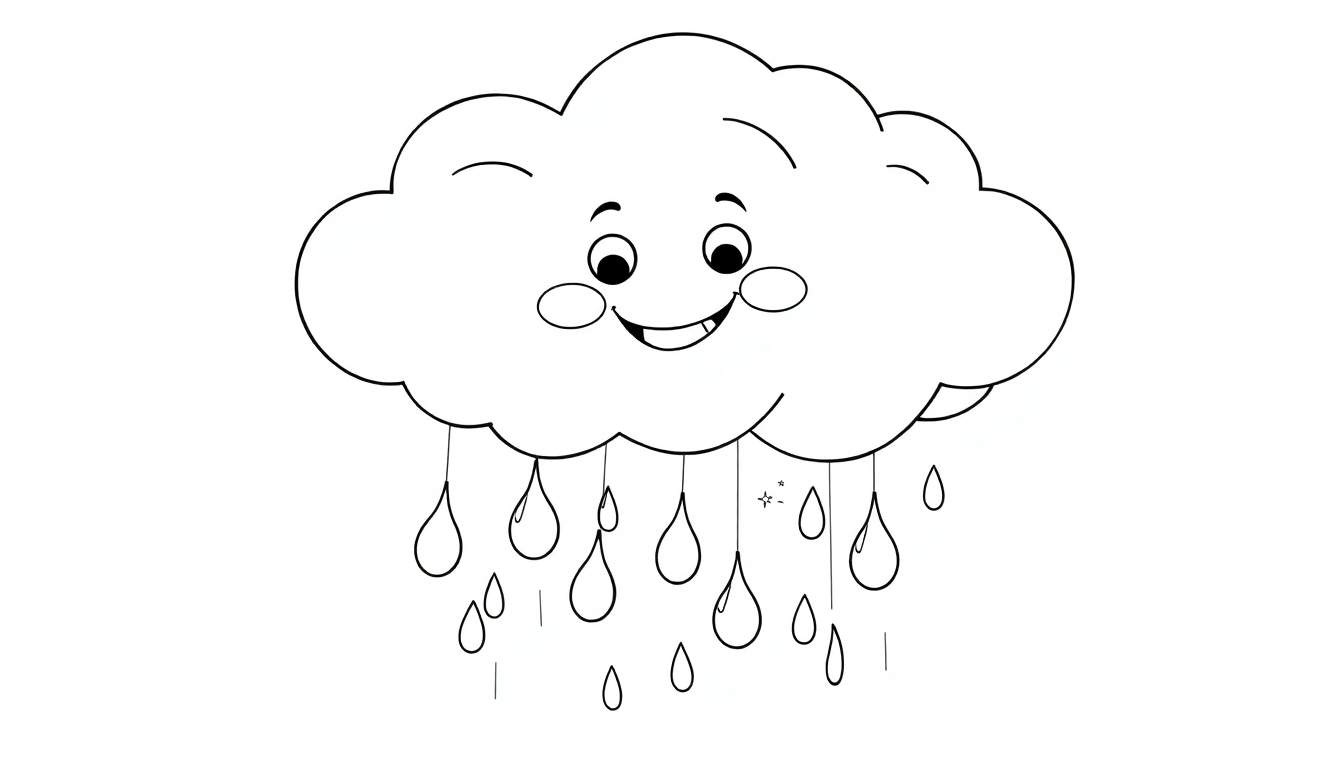Nuage souriant dessinant des gouttes de pluie sur un panneau de coloriage.