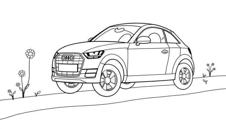 Une voiture Audi noire et blanche pour enfants sur un chemin de terre entourée de fleurs, prête à être coloriée sur un panneau de couleurs.