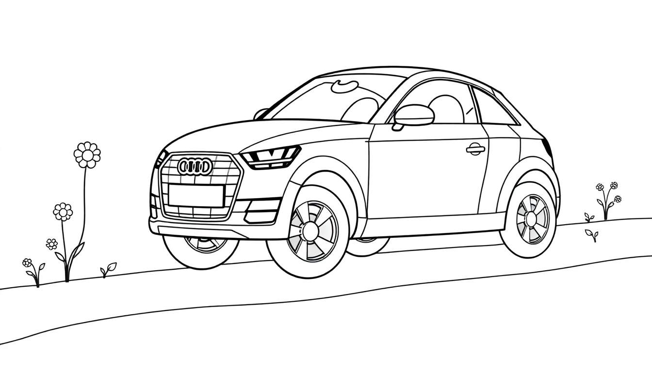 Une voiture Audi noire et blanche pour enfants sur un chemin de terre entourée de fleurs, prête à être coloriée sur un panneau de couleurs.