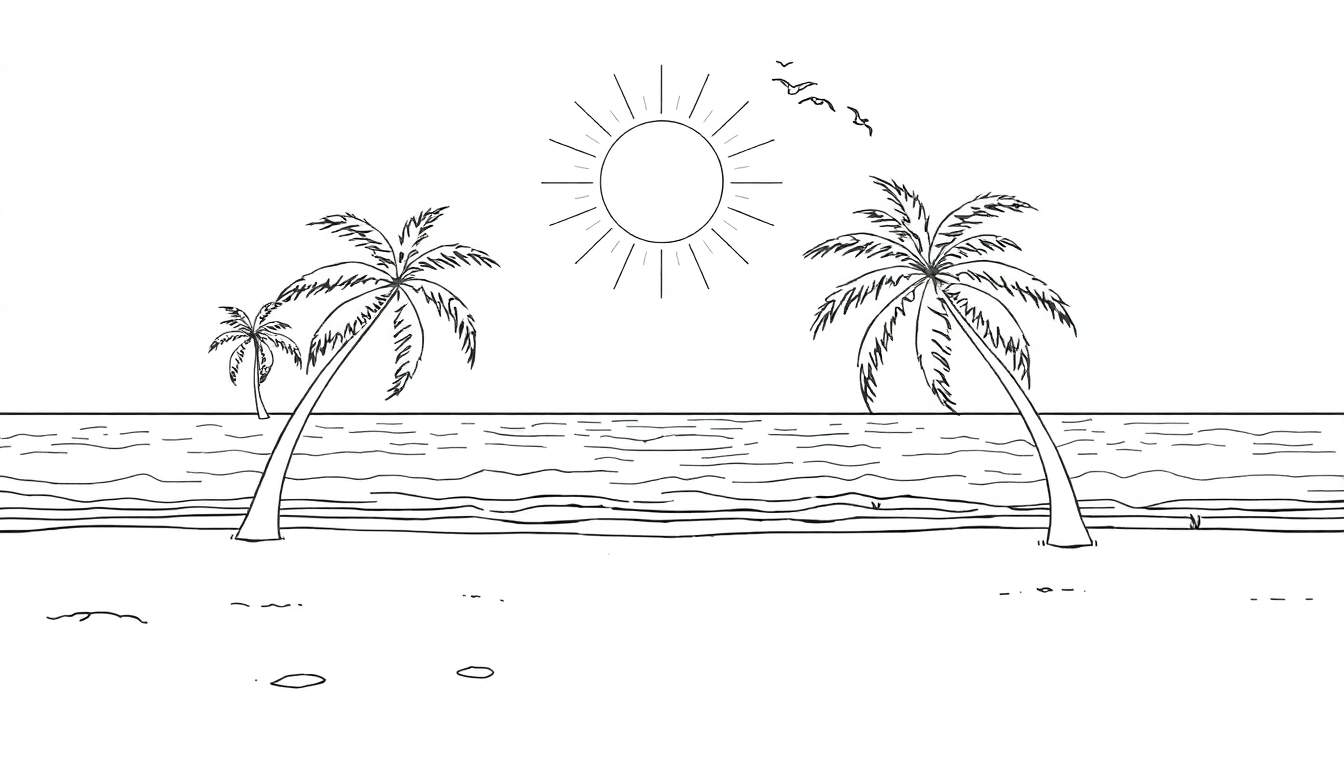 Un soleil rayonnant avec des oiseaux au-dessus d'une plage tropicale avec des cocotiers, en noir et blanc.