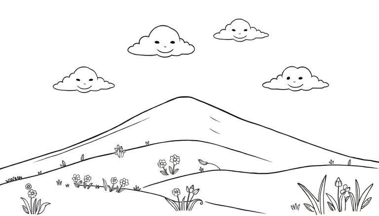 Dessin au trait d'un paysage joyeux avec des collines, une montagne, des fleurs et des nuages souriants. C'est un color panel.