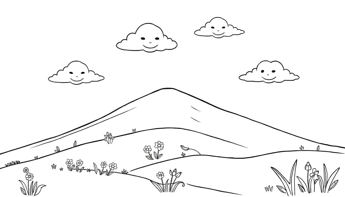 Dessin au trait d'un paysage joyeux avec des collines, une montagne, des fleurs et des nuages souriants. C'est un color panel.