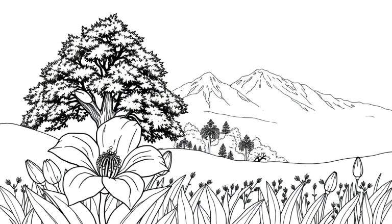 Page à colorier avec une fleur et un arbre.
