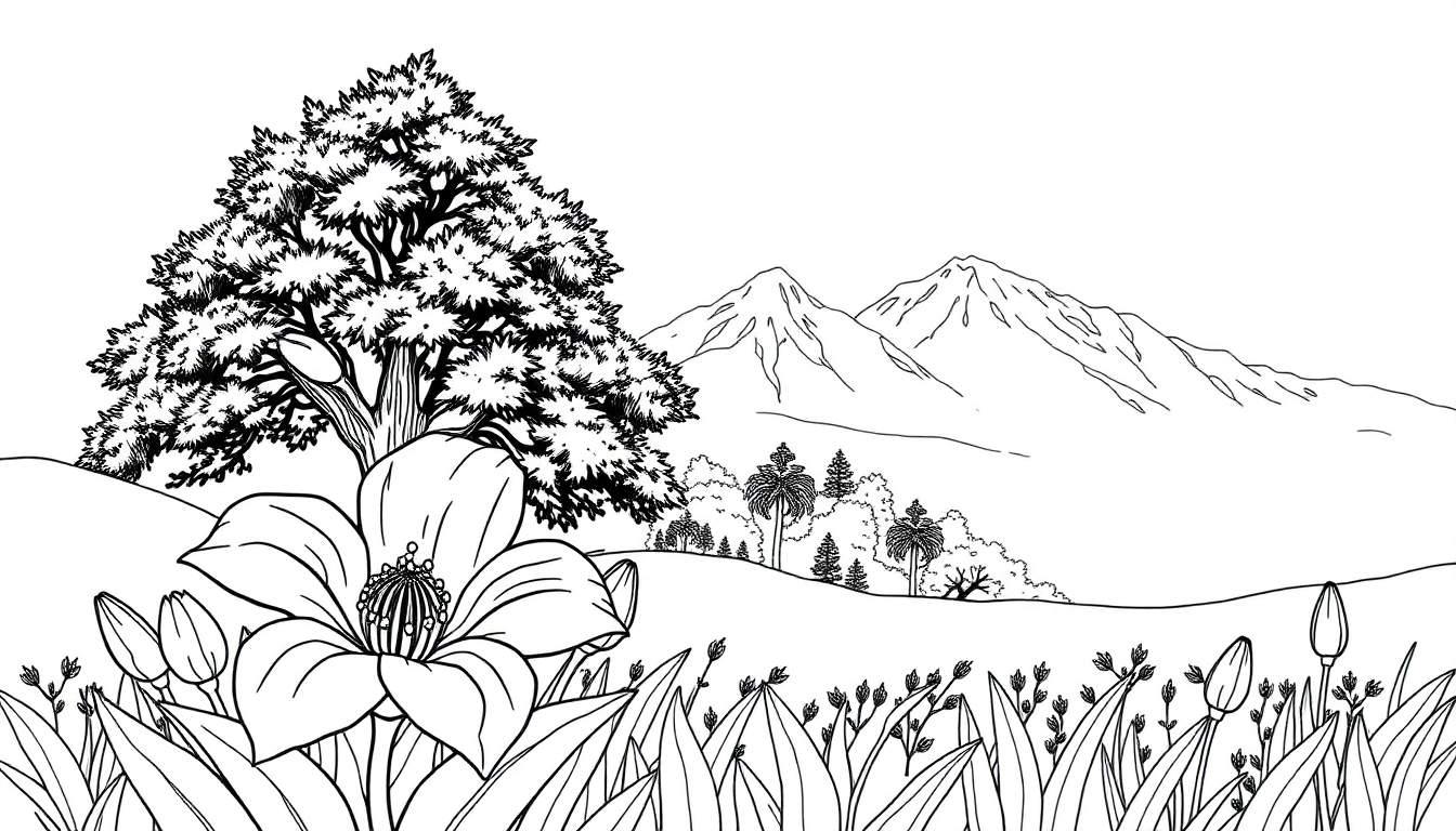 Page à colorier avec une fleur et un arbre.