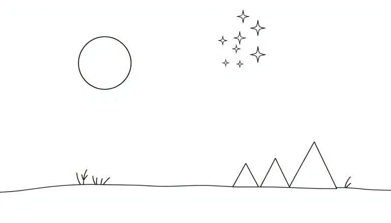 Un dessin au trait minimaliste d'un paysage nocturne avec une lune, des étoiles et des montagnes, parfait pour une page de coloriage avec un color panel.