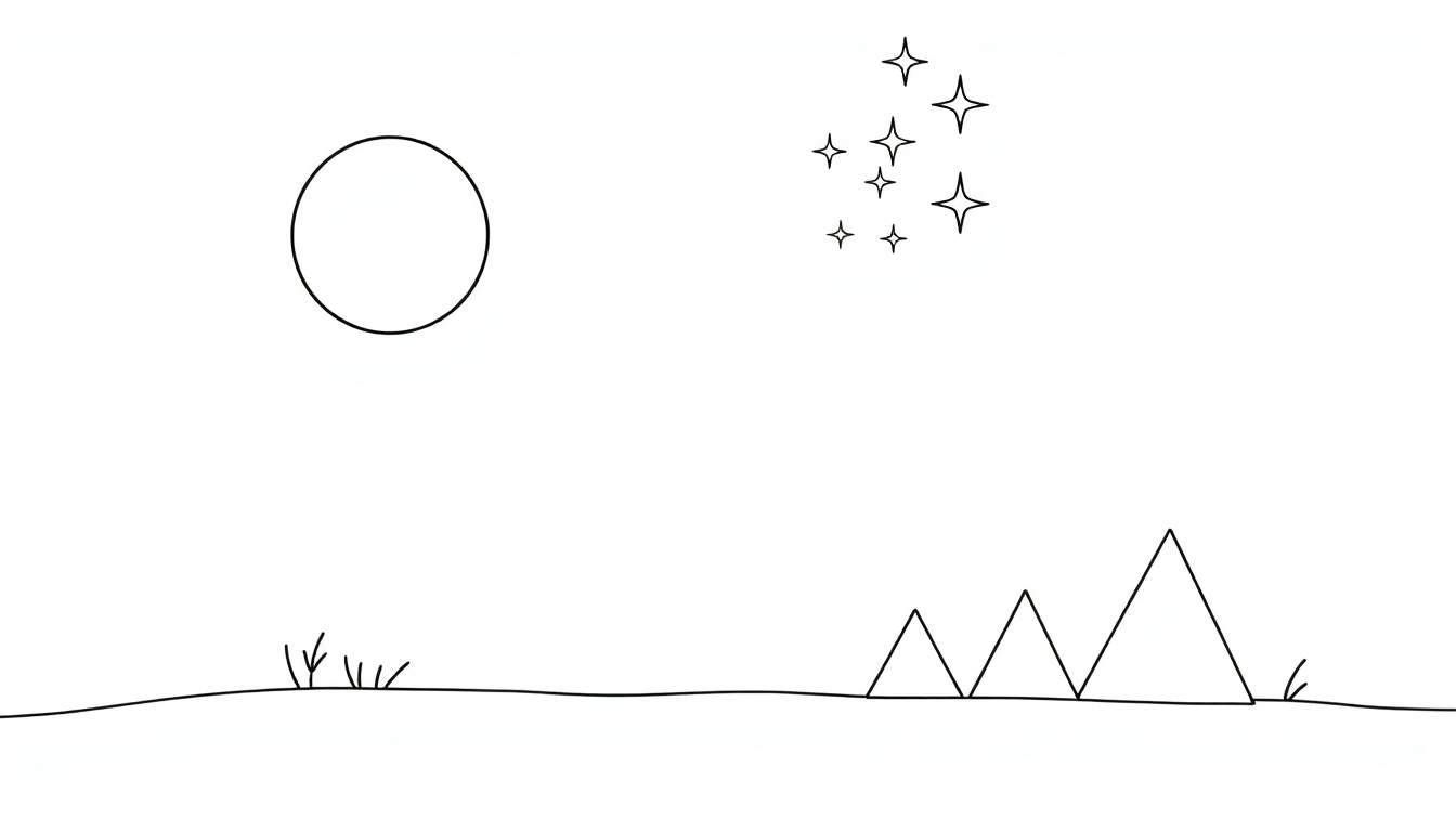 Un dessin au trait minimaliste d'un paysage nocturne avec une lune, des étoiles et des montagnes, parfait pour une page de coloriage avec un color panel.