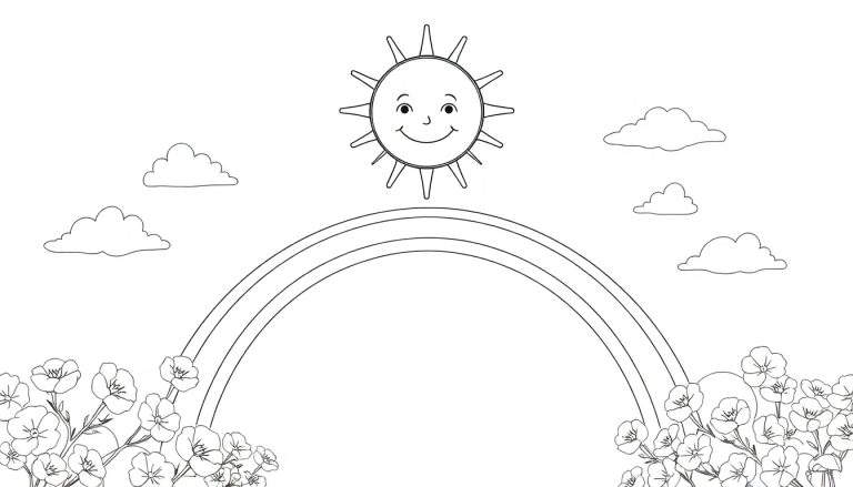 Un paysage coloré avec un soleil souriant, un arc-en-ciel et des nuages.