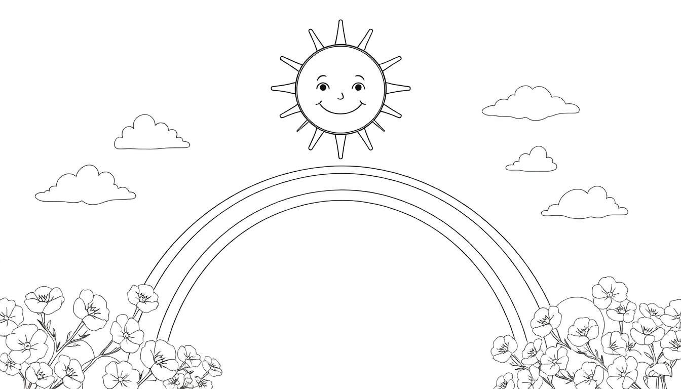 Un paysage coloré avec un soleil souriant, un arc-en-ciel et des nuages.