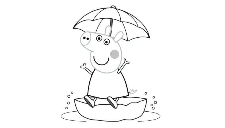 Peppa Pig dans un color panel sautant dans une flaque sous un parapluie.