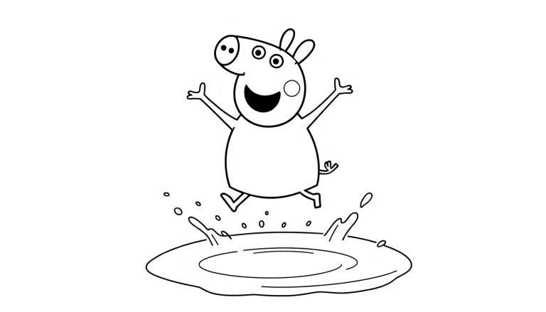 Peppa Pig sautant dans une flaque d'eau en noir et blanc, prêt pour une page de coloriage.