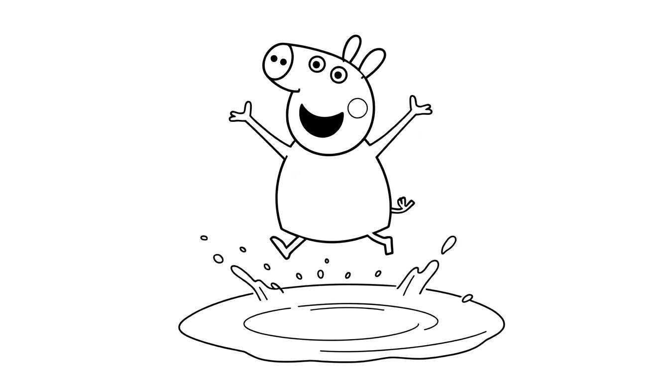 Peppa Pig sautant dans une flaque d'eau en noir et blanc, prêt pour une page de coloriage.