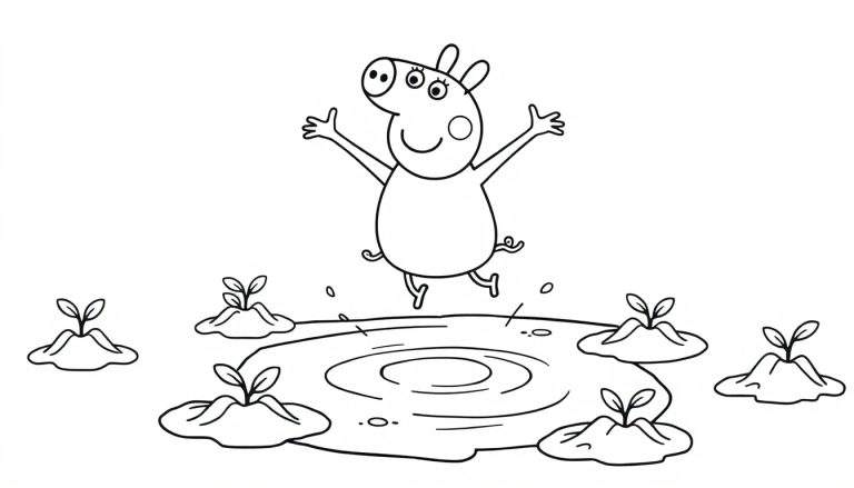 Peppa Pig sautant joyeusement par-dessus une flaque de boue dans un color panel.