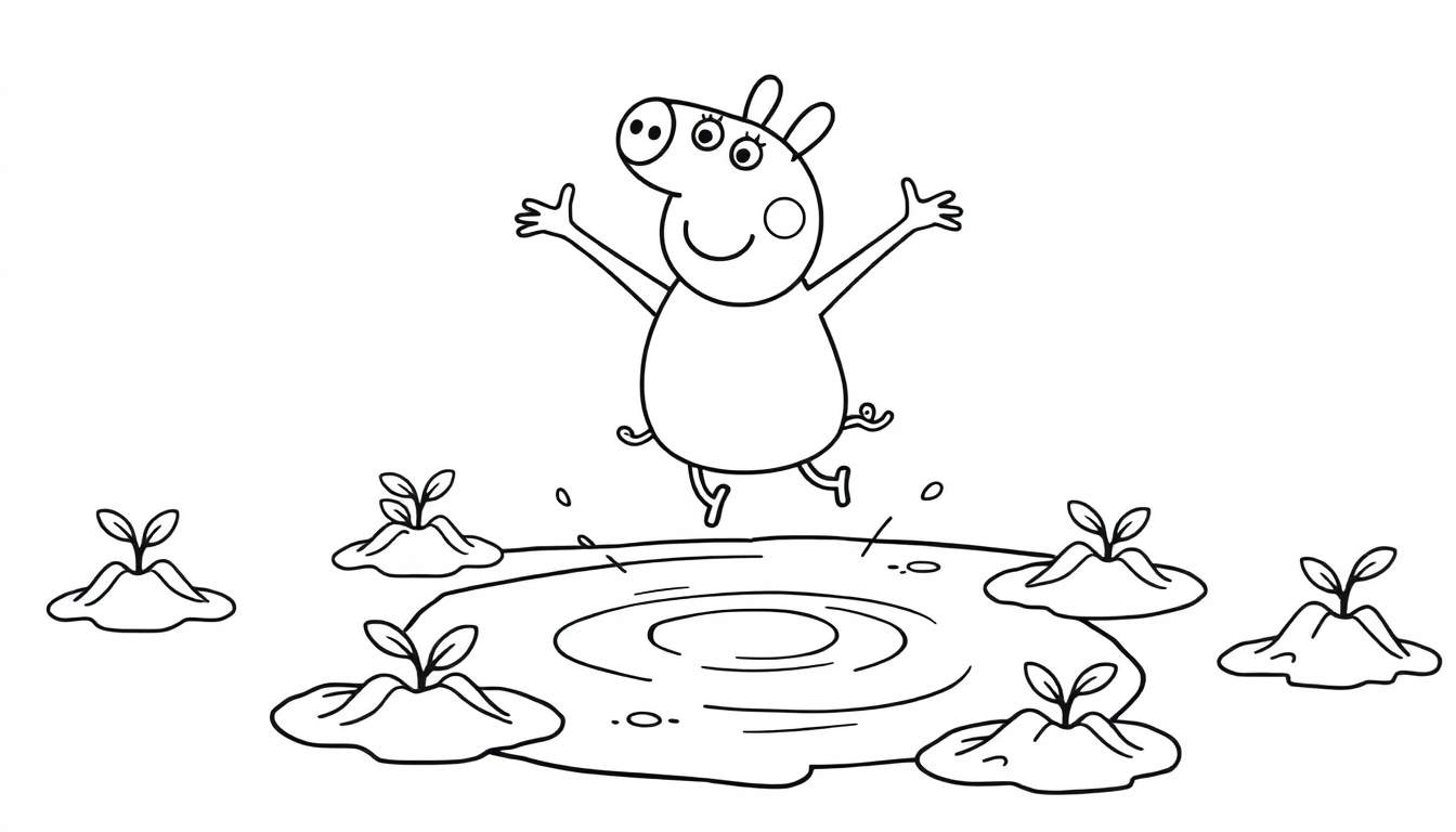 Peppa Pig sautant joyeusement par-dessus une flaque de boue dans un color panel.