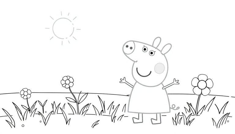 Dessin en noir et blanc de Peppa Pig avec un champ de fleurs et le soleil, prêt pour être colorisé sur un color panel.
