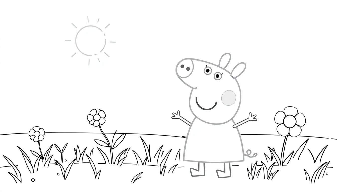 Dessin en noir et blanc de Peppa Pig avec un champ de fleurs et le soleil, prêt pour être colorisé sur un color panel.