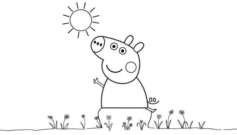 Peppa Pig souriante debout dans un champ ensoleillé avec des fleurs, dessin au trait.