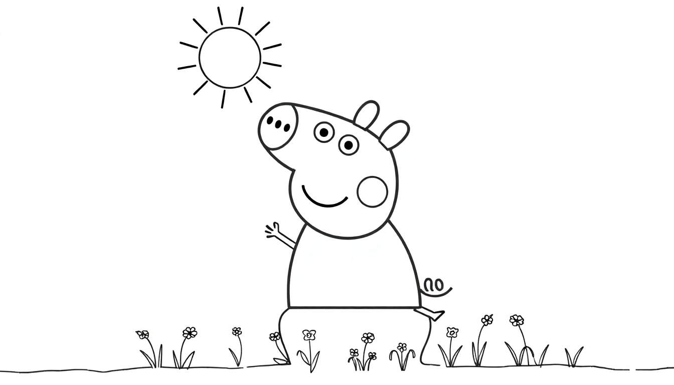 Peppa Pig souriante debout dans un champ ensoleillé avec des fleurs, dessin au trait.