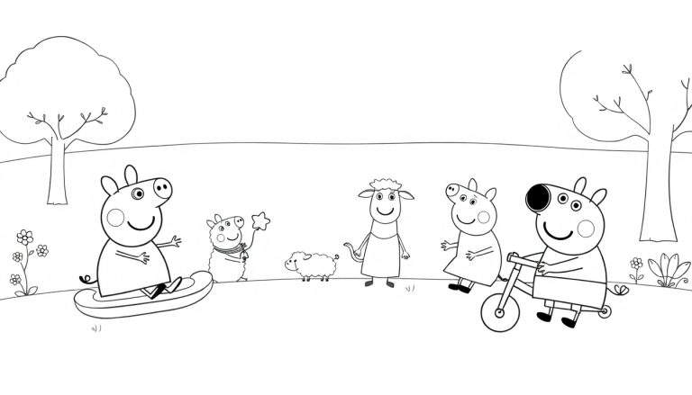 Peppa Pig et ses amis jouant dans un parc, dessin au trait.