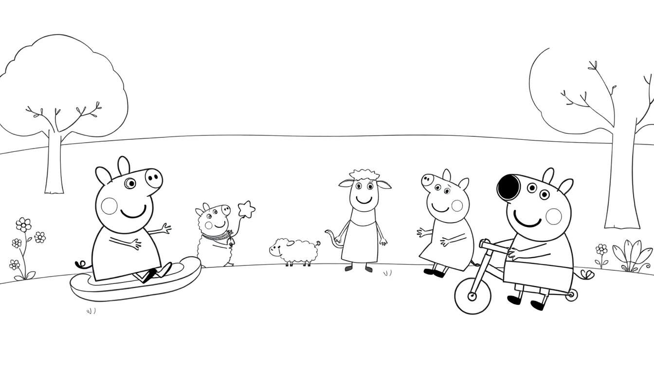 Peppa Pig et ses amis jouant dans un parc, dessin au trait.