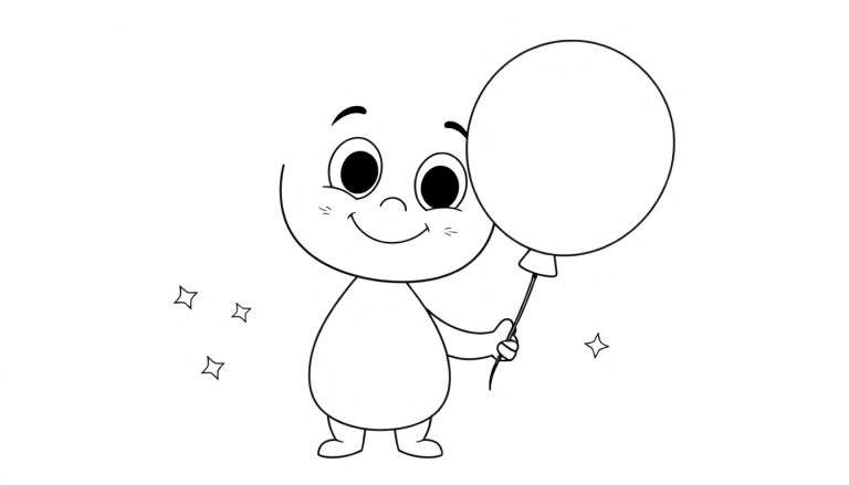 Dessin au trait d'un personnage Toca Boca souriant tenant un ballon, avec des étoiles scintillantes, parfait pour un color panel.