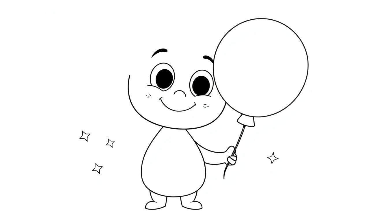 Dessin au trait d'un personnage Toca Boca souriant tenant un ballon, avec des étoiles scintillantes, parfait pour un color panel.