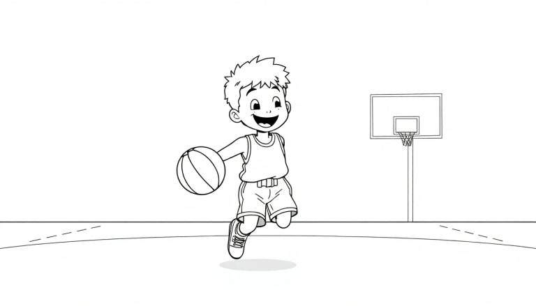 Un jeune garçon au trait noir et blanc sourit en dribblant un ballon de basket, avec un panier en arrière-plan. Un color panel de jeu.