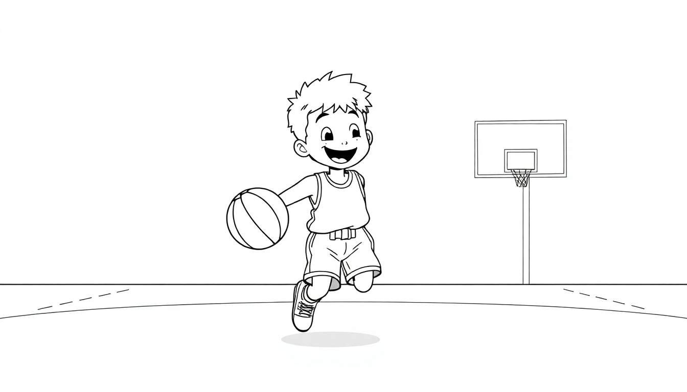 Un jeune garçon au trait noir et blanc sourit en dribblant un ballon de basket, avec un panier en arrière-plan. Un color panel de jeu.