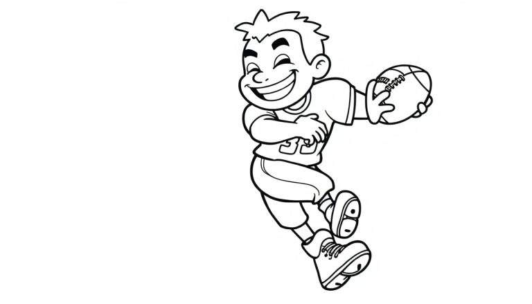 Dessin au trait d'un jeune joueur de football américain, joueur n°33, courant avec un ballon, prêt pour le color panel.