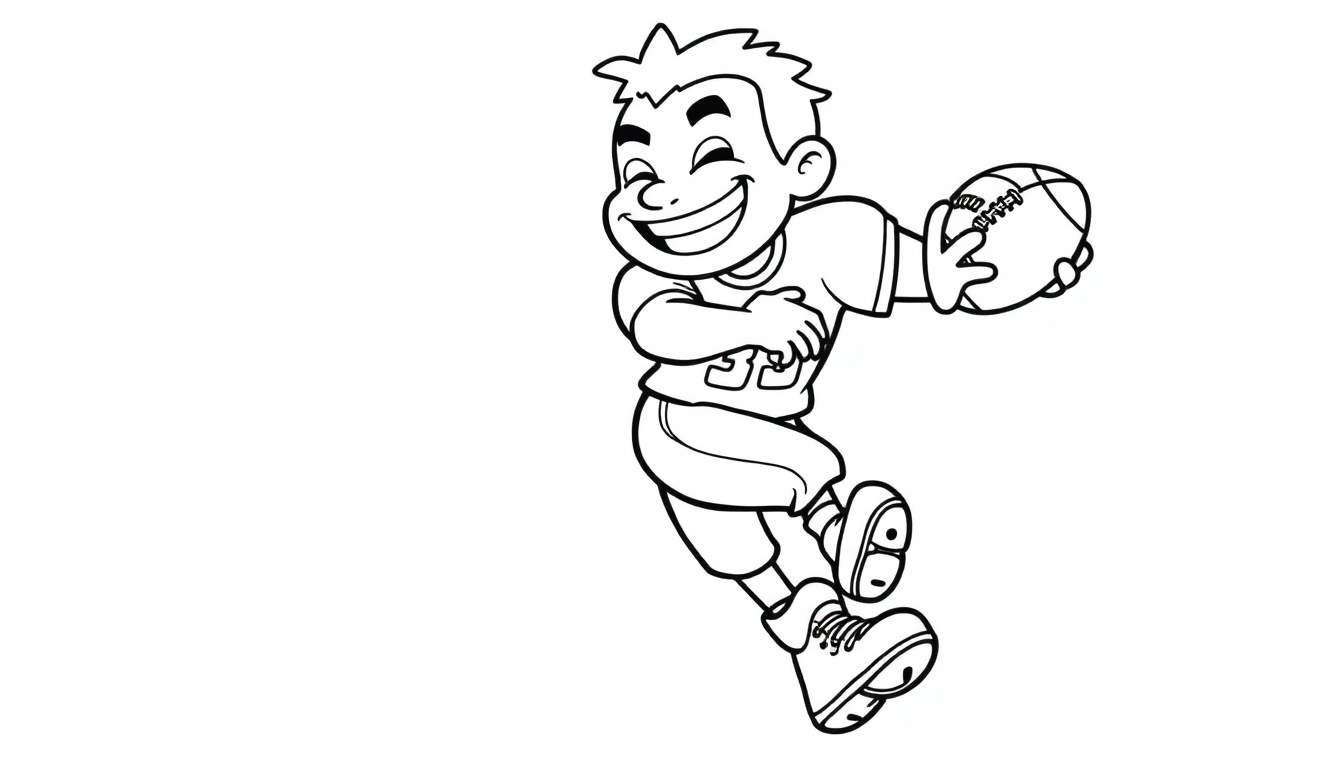 Dessin au trait d'un jeune joueur de football américain, joueur n°33, courant avec un ballon, prêt pour le color panel.